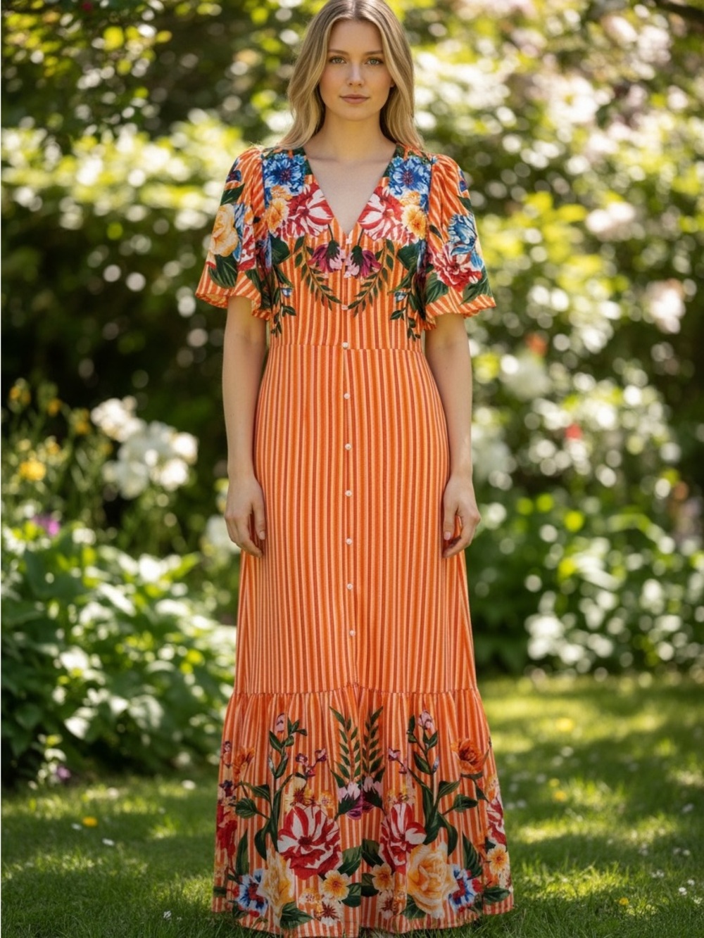 Lulu's Orange Striped Maxi Dress with Floral Accents